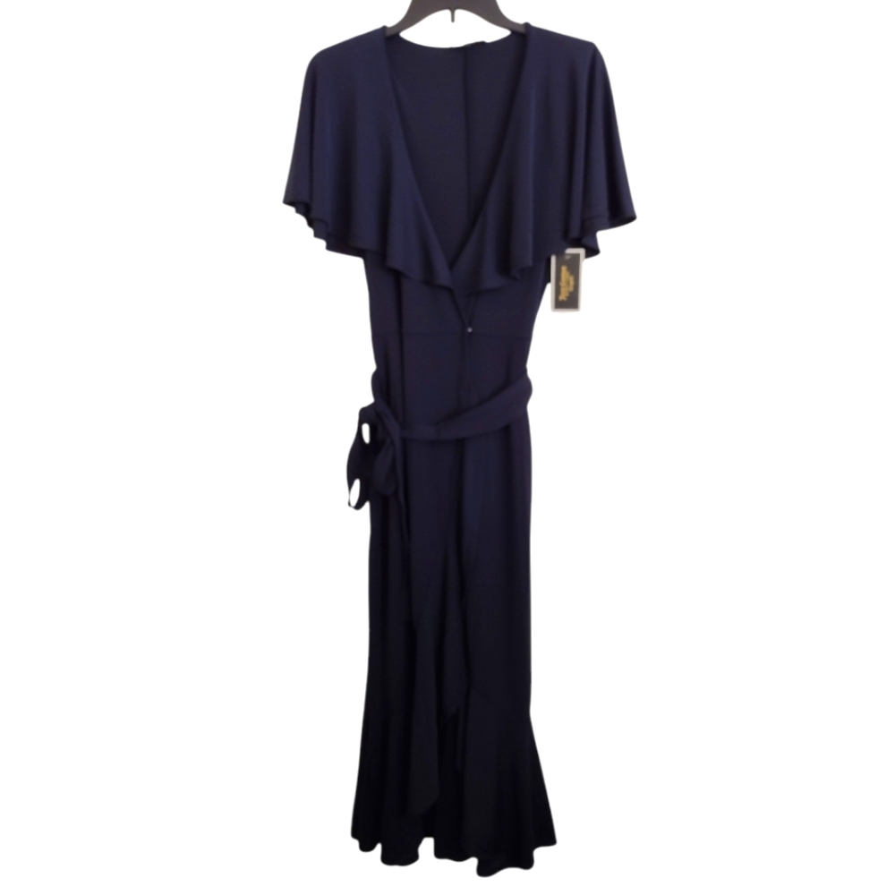 Juicy Couture Black LabelElegant Navy Blue Maxi Dress Ruffle Cape Size Small